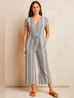 ANTHROPOLOGIE Cloth & Stone Linen Blend Jumpsuit Wide Leg Tie Waist Sz Large